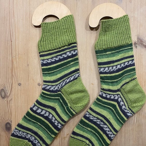 Men's Hand Knitted Green Variegated Wool Socks 