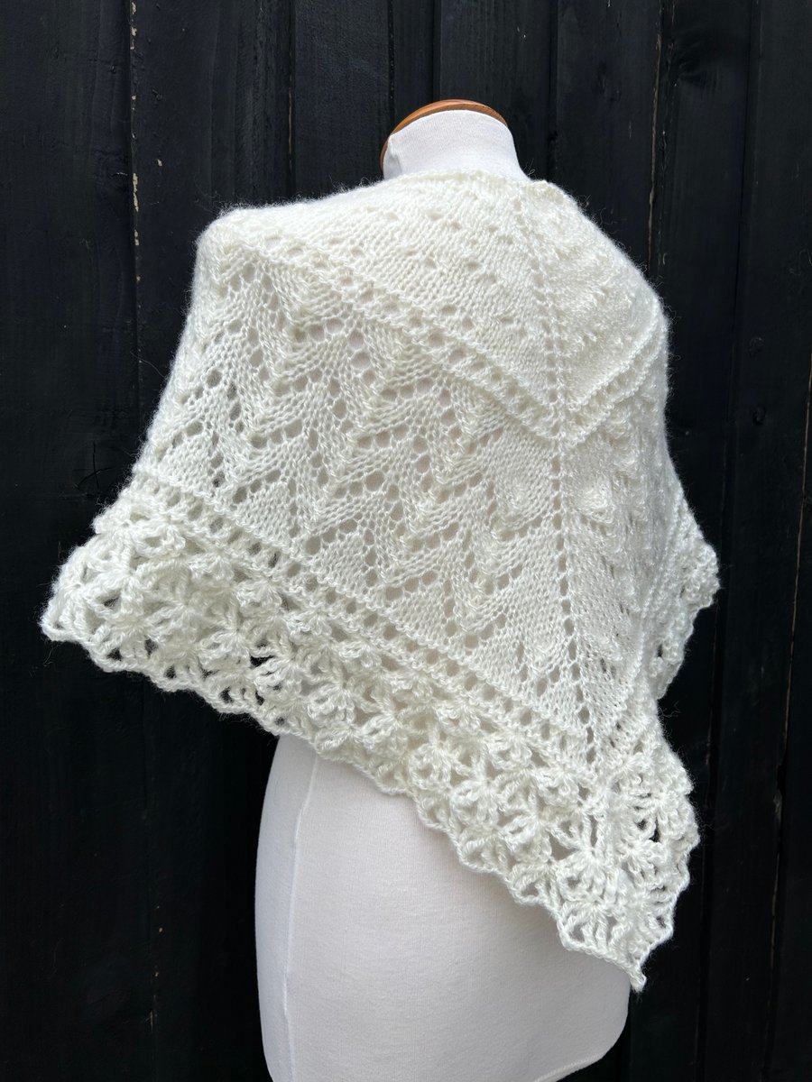 Hand knitted light cream shallow triangle lace shawl with crochet edging 