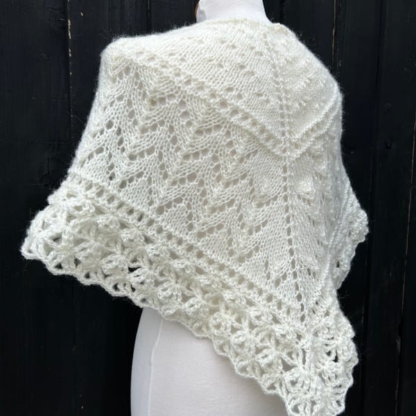 Hand knitted light cream shallow triangle lace shawl with crochet edging 