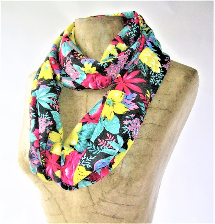 Bright Floral Infinity Scarf, black background with crimson, yellow, green