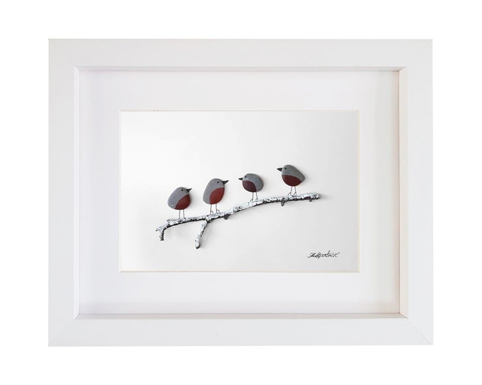 Winter Robins - Sea Glass & Pebble Picture Framed Unique Handmade Art