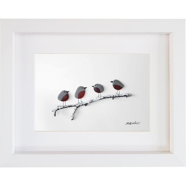 Winter Robins - Sea Glass & Pebble Picture Framed Unique Handmade Art