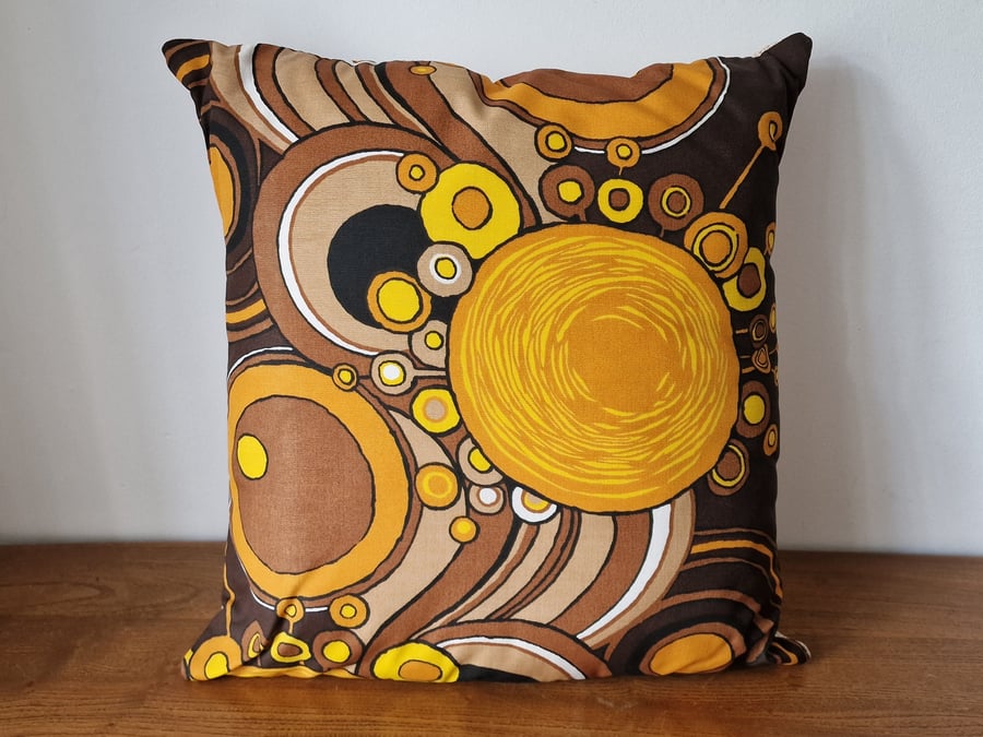 Handmade brown yellow abstract envelope cushion cover vintage 1960s 1970s fabric