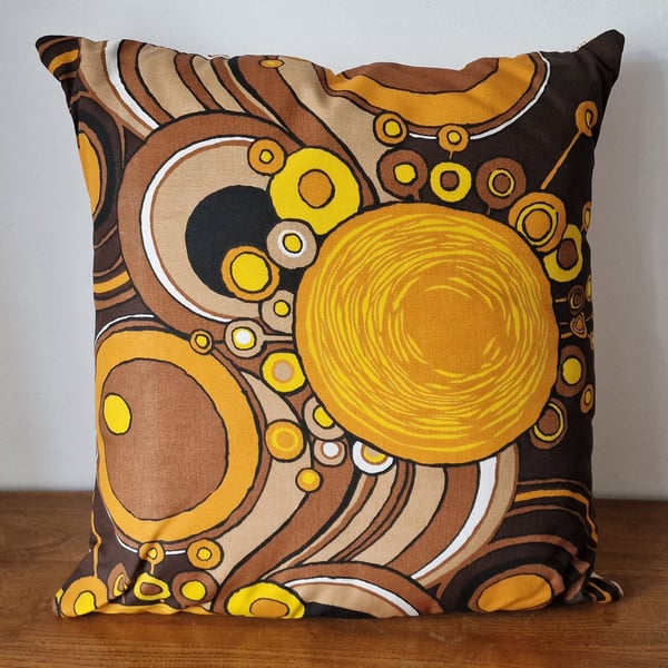 Handmade brown yellow abstract envelope cushion cover vintage 1960s 1970s fabric