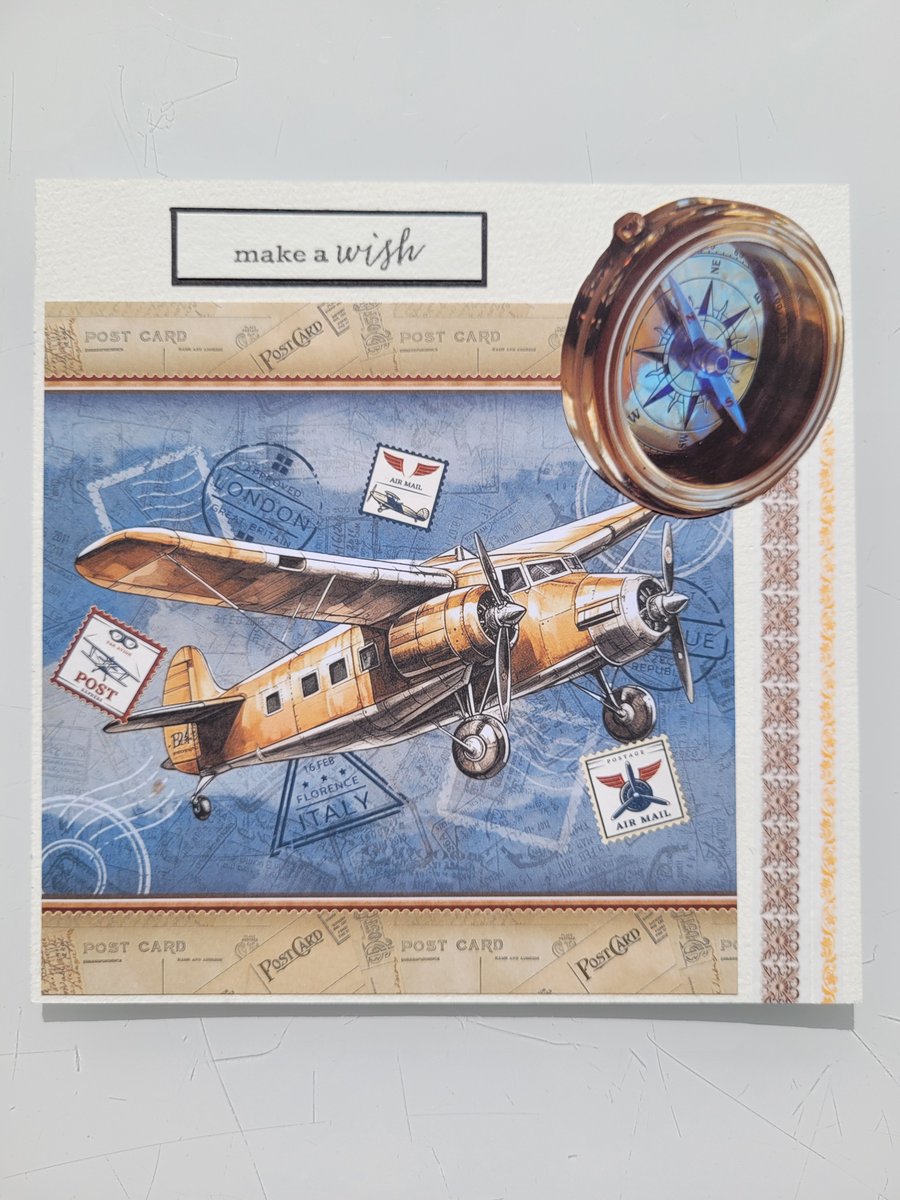 Vintage Plane ‘Make A Wish’ Decoupage Card - Birthday, Congrats, Retirement etc