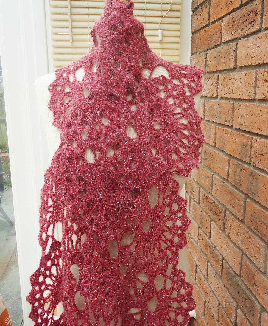 Crochet Lace Women Scarf, Crochet Neckwarmer, Lace Scarf, Women Raspberry Scarf