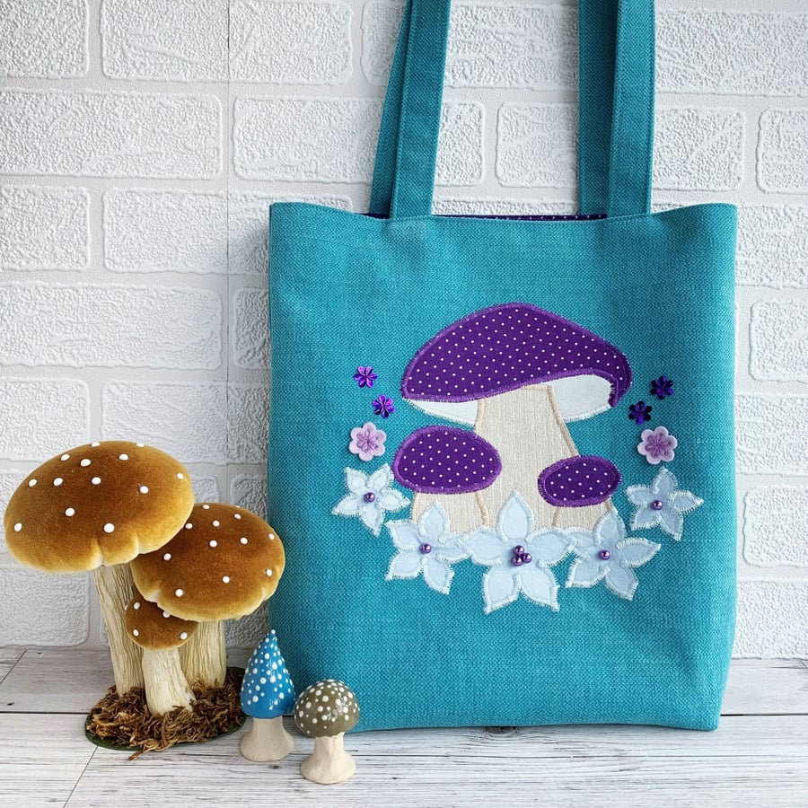 SOLD Turquoise Tote Bag with Mushrooms and Flowers