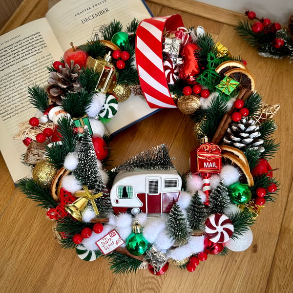 Winter woodland Christmas wreath candy land wall hanging Santa carriage decor