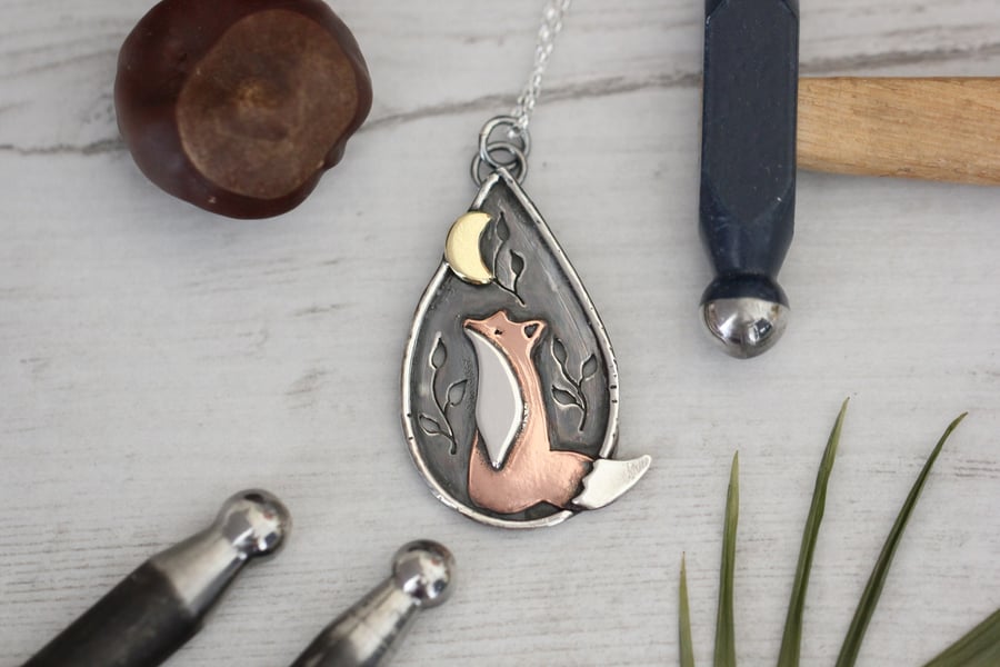 Moon gazing fox pendant - sterling silver, copper and brass