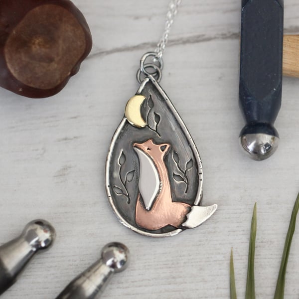 Moon gazing fox pendant - sterling silver, copper and brass