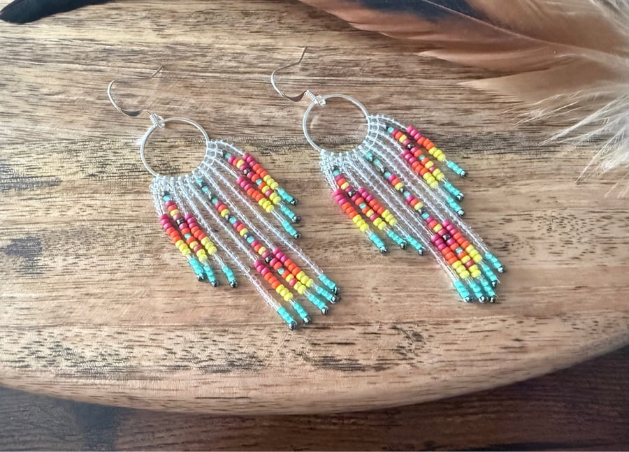 Colourful beadwork fringe earrings in rainbow shades
