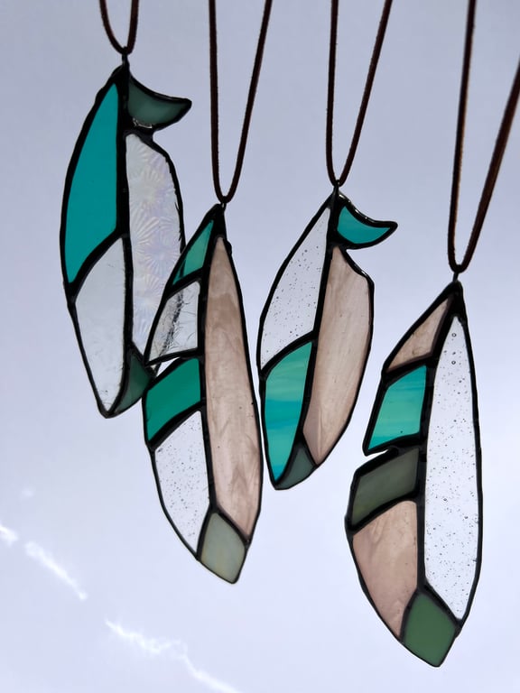 Blush mint and teal stained glass feather with vintage glass - choice of 2 sizes