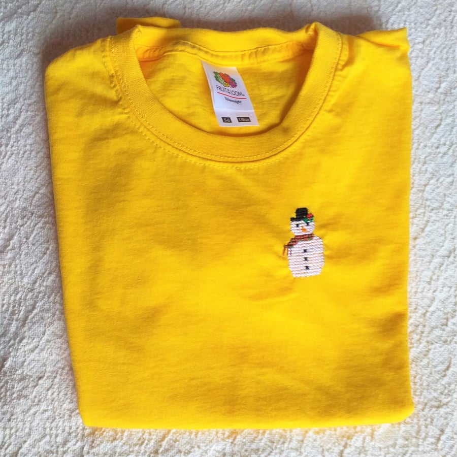 Snowman T-shirt, age 5-6 years, hand embroidered