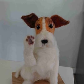High five. Playful terrier Dog with a ball Needle felt sculpture on oak plinth 