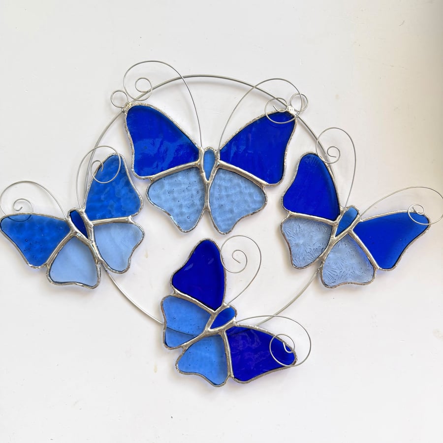 Stained Glass Butterfly Ring - Handmade Hanging Decoration - Blue
