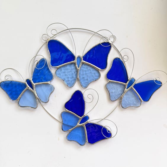 Stained Glass Butterfly Ring - Handmade Hanging Decoration - Blue