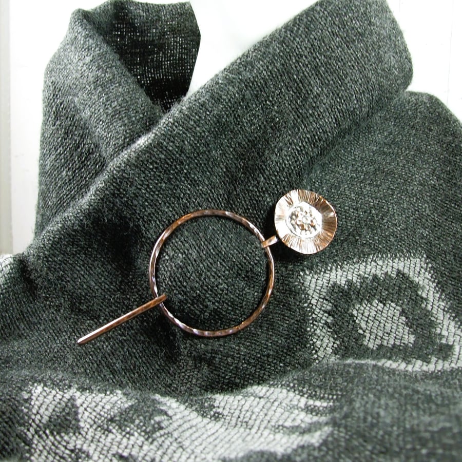Copper and Sterling Silver Poppy Flower Shawl Pin
