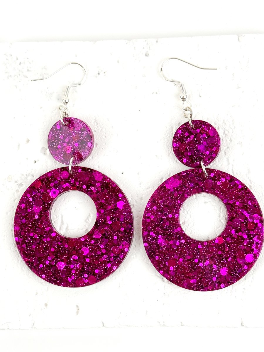 Jazzy Sparkly Hot Pink Hoops & Little Heart Statement Earrings - Gift Box 