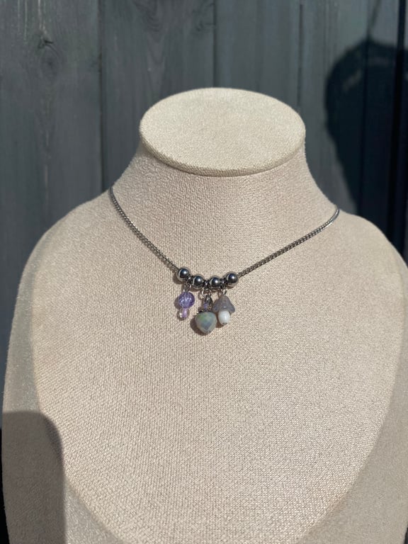 Kelsey - Lilac Mushroom and “strawberry” charm short necklace 