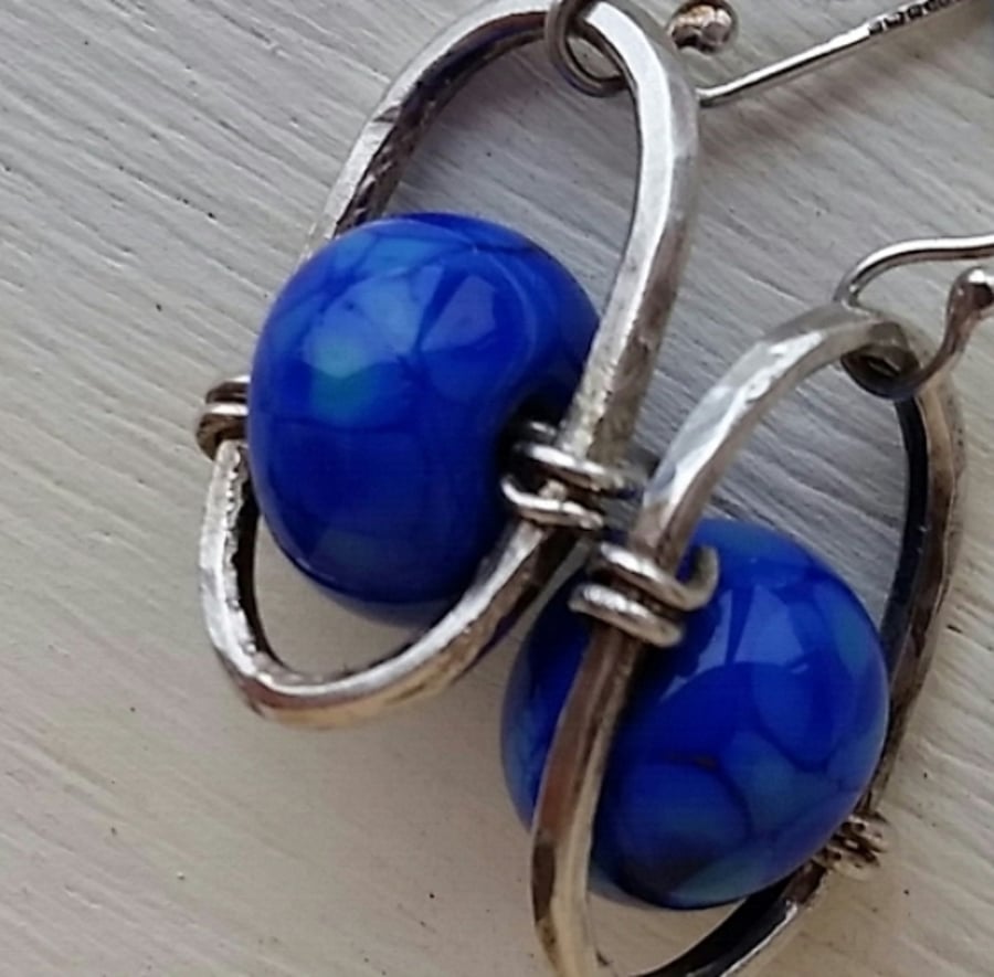 Sterling Silver Loop Earrings Set with Handmade Glass Bead