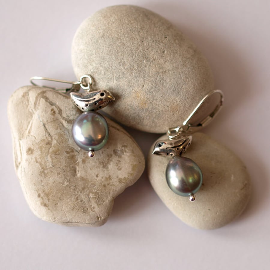 Fine Silver Birds with Large Silver Baroque Pearls - handmade jewellery gift