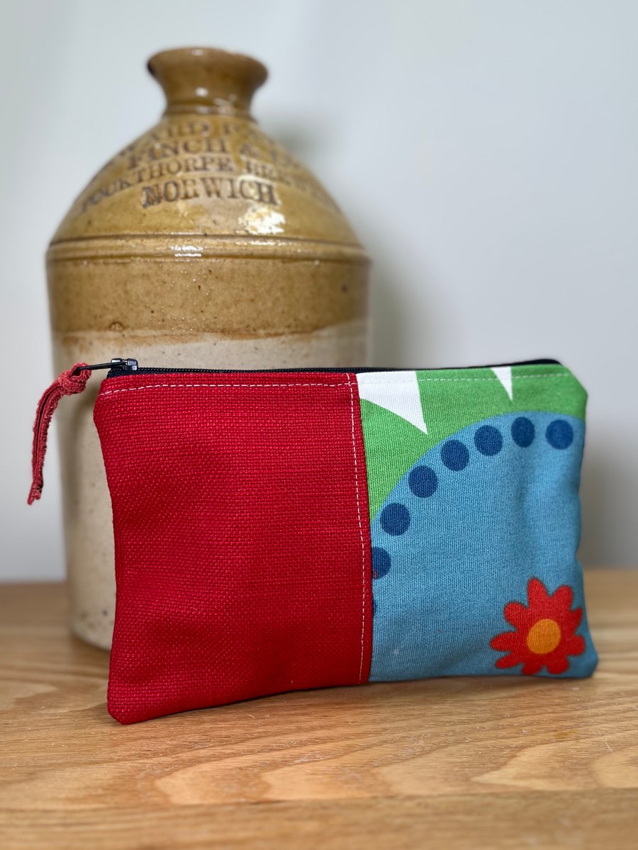 Bright retro floral and red cotton zip pouch