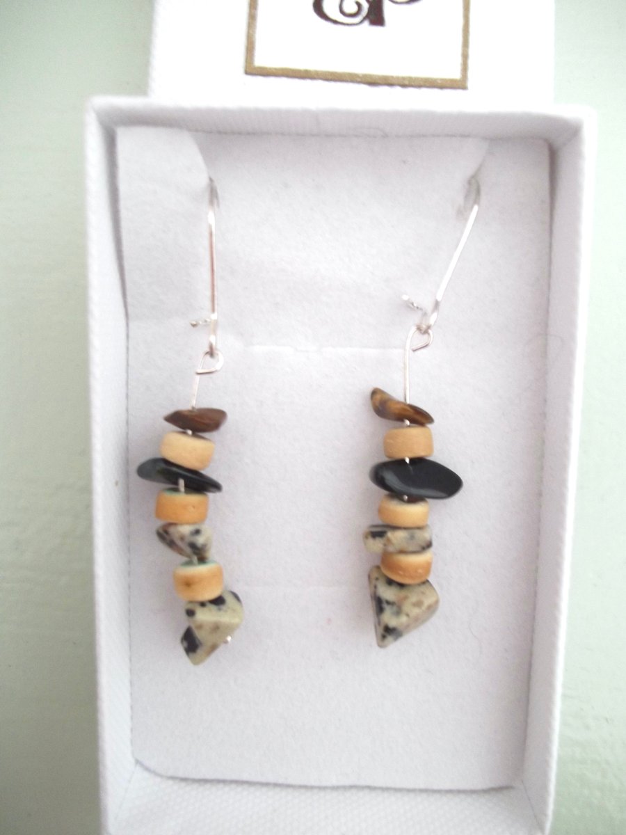 Healing Crystal Earrings Black Obsidian,Dalmatian Jasper Stone,Tigers Eye 