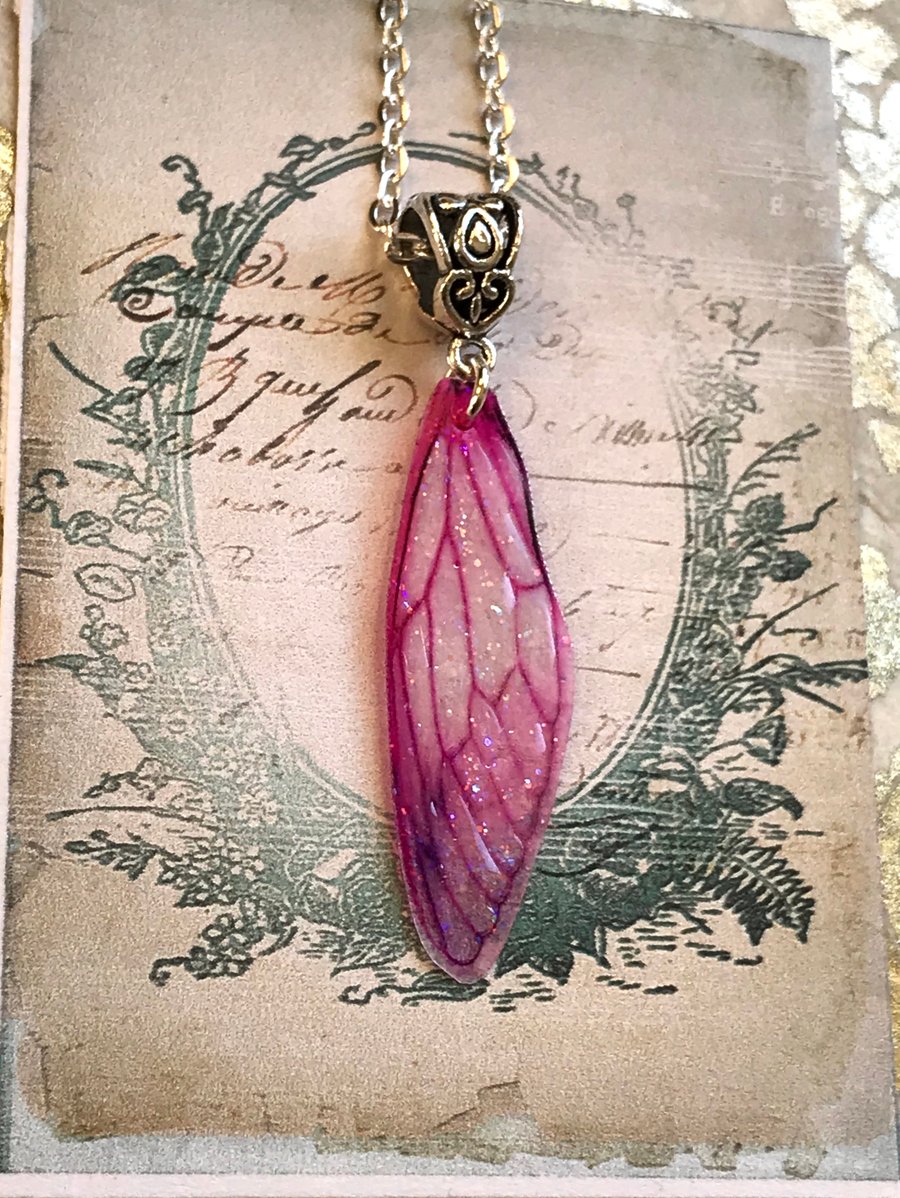 Bright Pink Fairy Wing Necklace