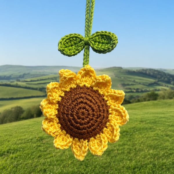 Handmade Crochet Sunflower Car Hanging - Handmade Sunflower Ornament