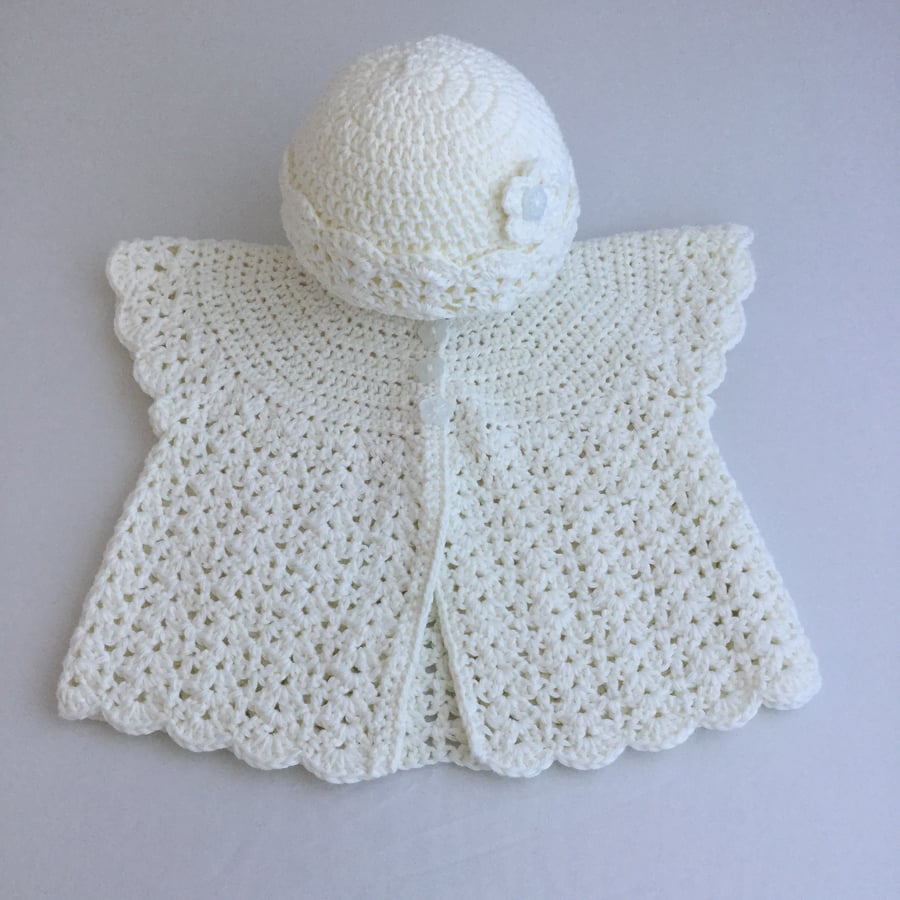 Crochet Sleeveless Baby Cardigan and Hat in Cream