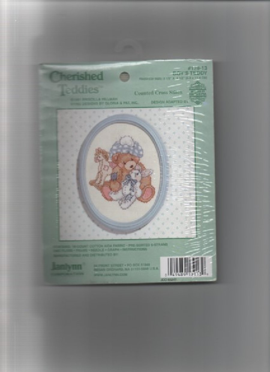 ChrissieCraft CHERISHED TEDDIES boy's teddy cross stitch KIT with frame