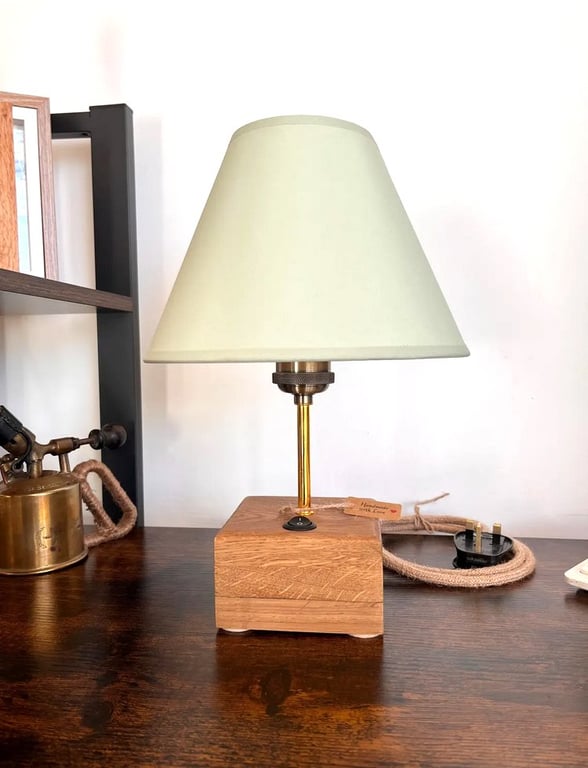  Rustic Oak Table Lamp with 23cm Shade – Handmade Wooden Lighting