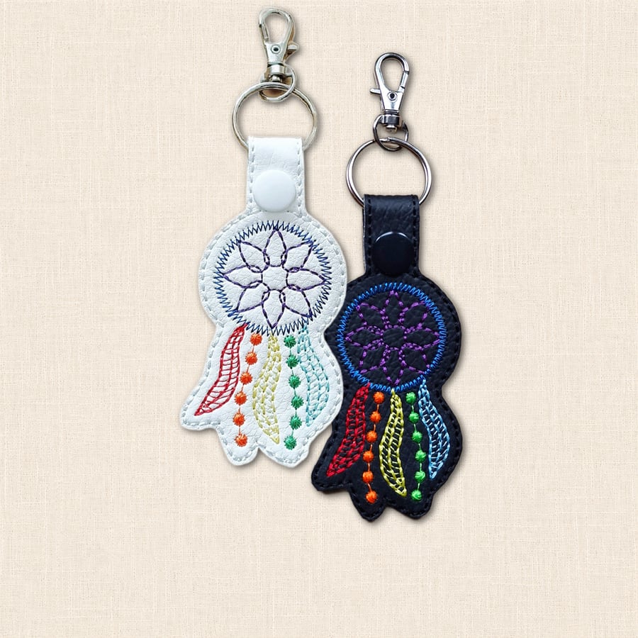 Rainbow Dreamcatcher Keyring - Embroidered Faux Leather Bag Charm