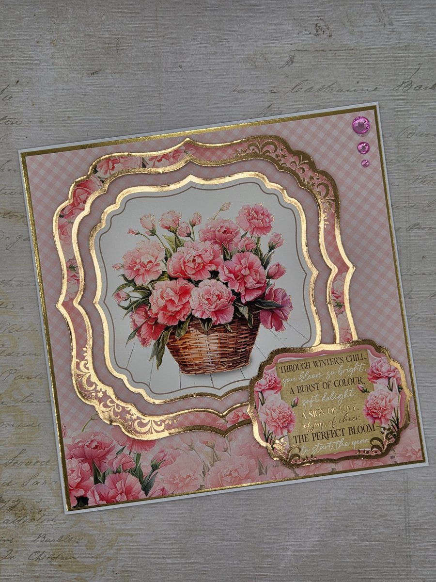 January Birthday Handmade Pink Carnation Greeting Card Mum Friend Sister 