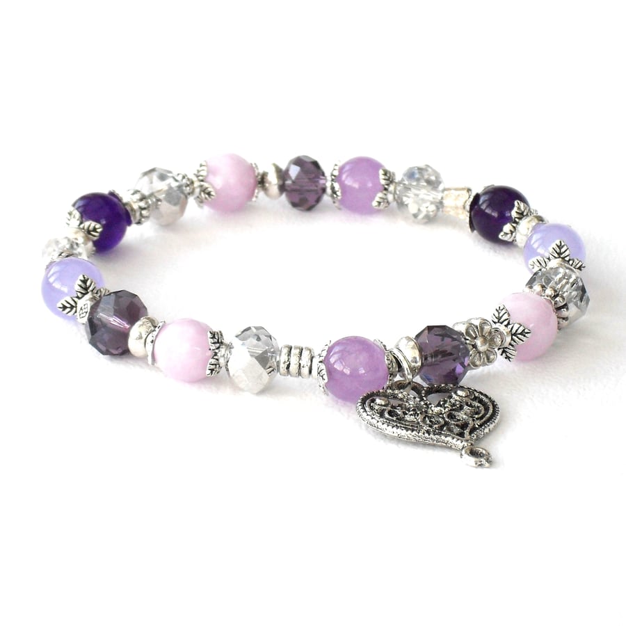 ONE DAY SALE ITEM: Purple and lavender handmade bracelet with heart charm 