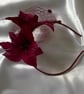 Jo - Claret Feather Flower Fascinator Headband with Merrywidow Veiling  - Image 5