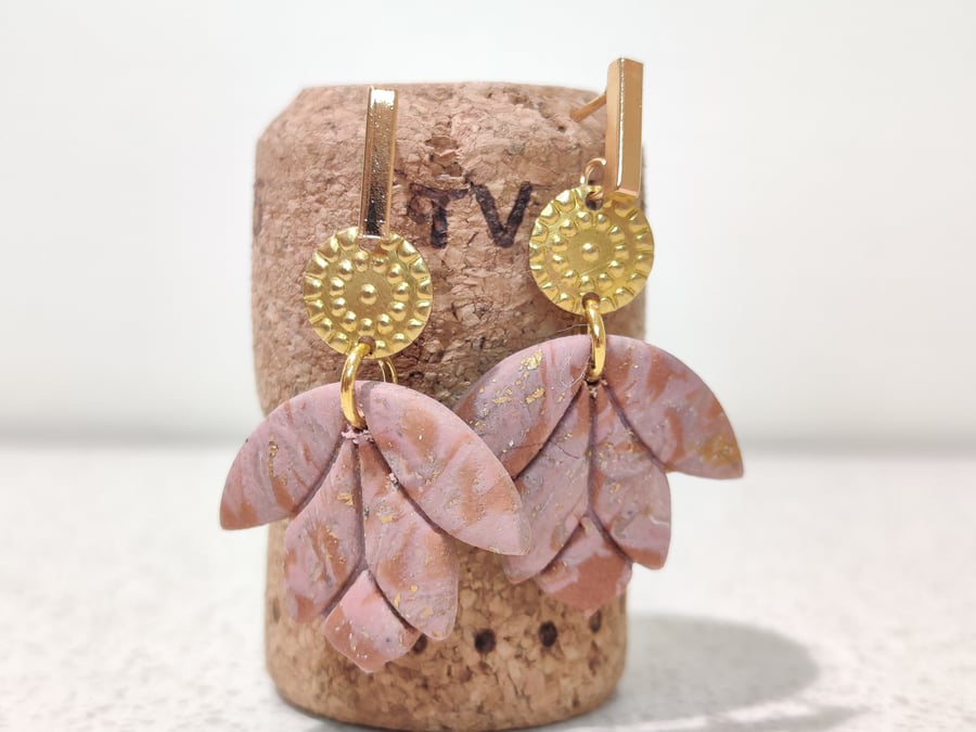 Pink swirl lotus flower dangle earrings