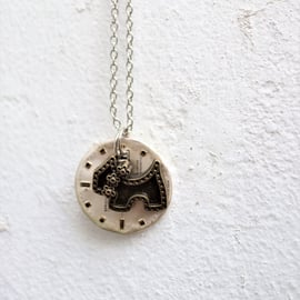 Upcycled steampunk theme - vintage watch dial - Scottish dog design necklace