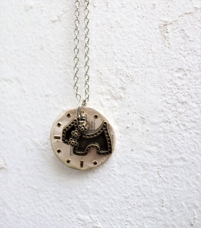 Upcycled steampunk theme - vintage watch dial - Scottish dog design necklace