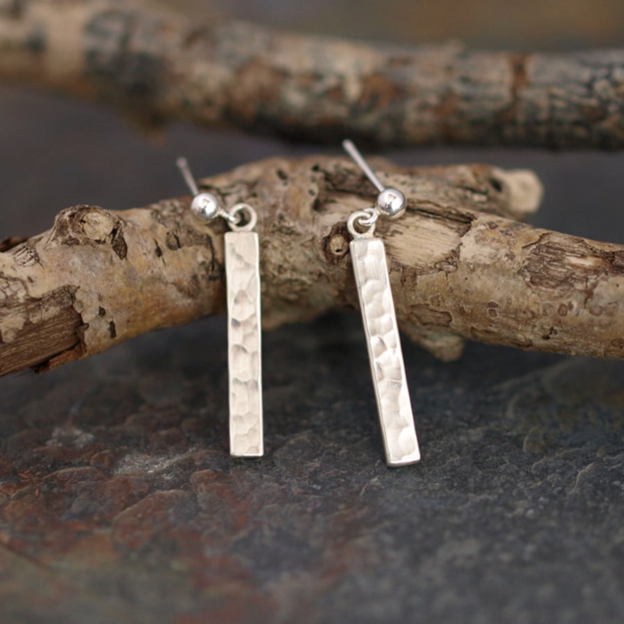 Silver Drop Earrings, Hammered Textured Bar Earrings 