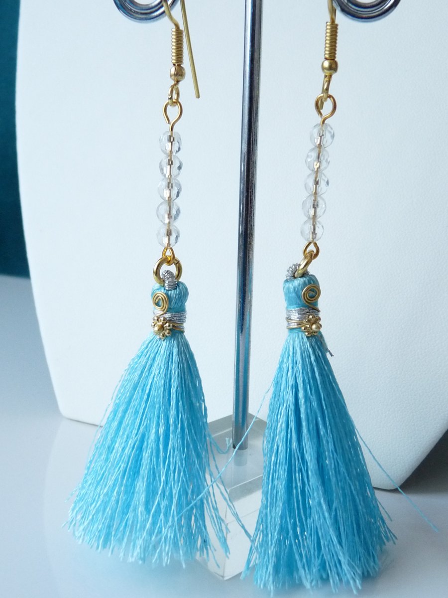 Clear Quartz and Sky Blue Tassel Drop Earrings - Genuine Gemstone