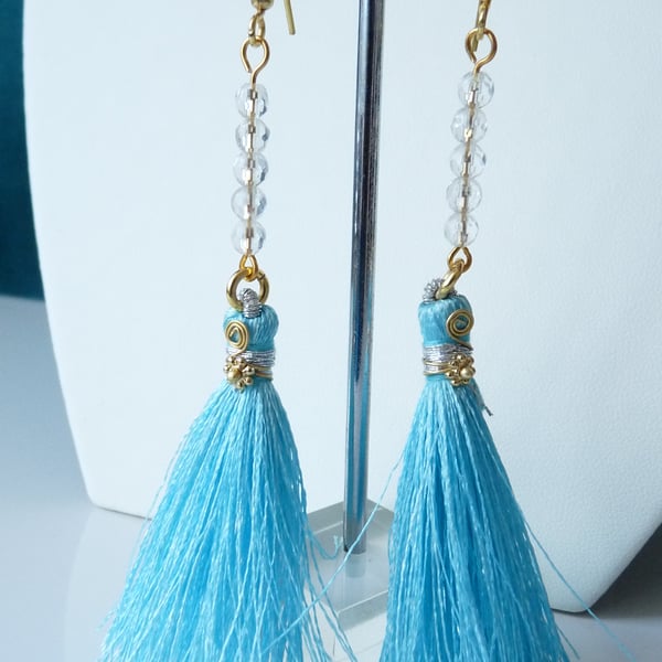 Clear Quartz and Sky Blue Tassel Drop Earrings - Genuine Gemstone
