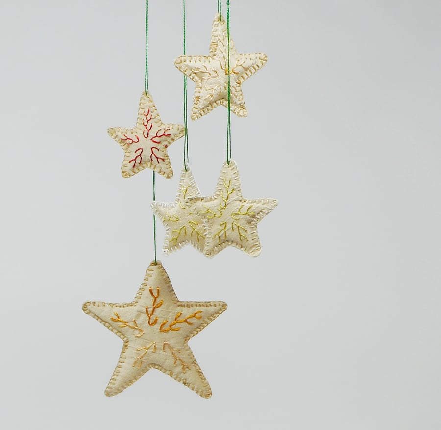 SOLD - Hand embroidered silk star hanging ornaments - set of 5