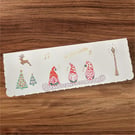 Christmas card with 3 gnomes carol singing, Rudolph, Christmas trees, fa la la 