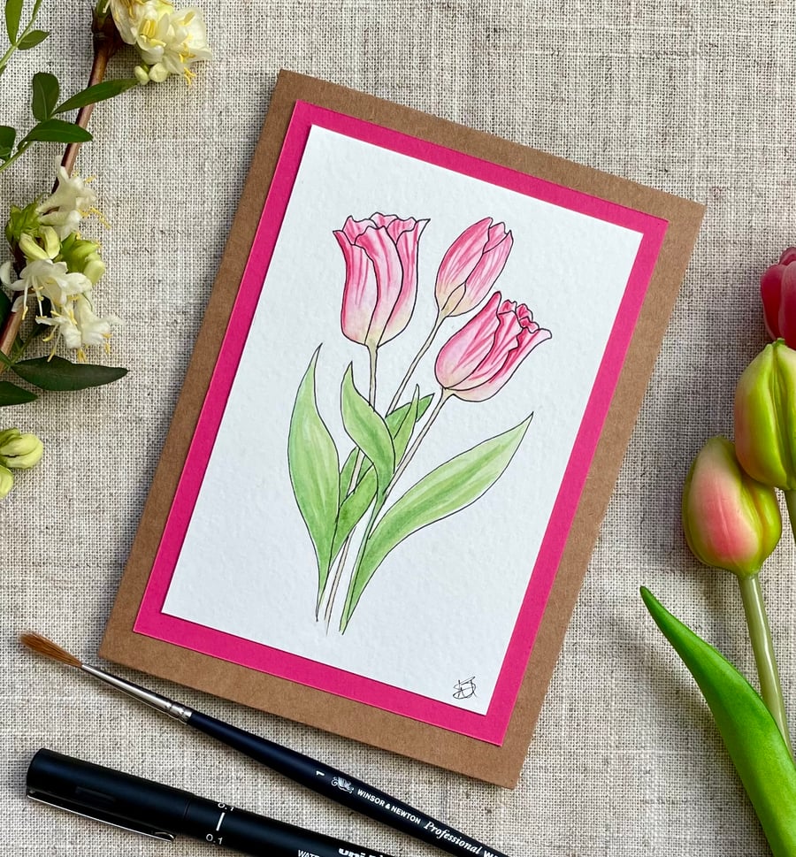 Floral greetings card, Tulips, hand painted, original artwork. 