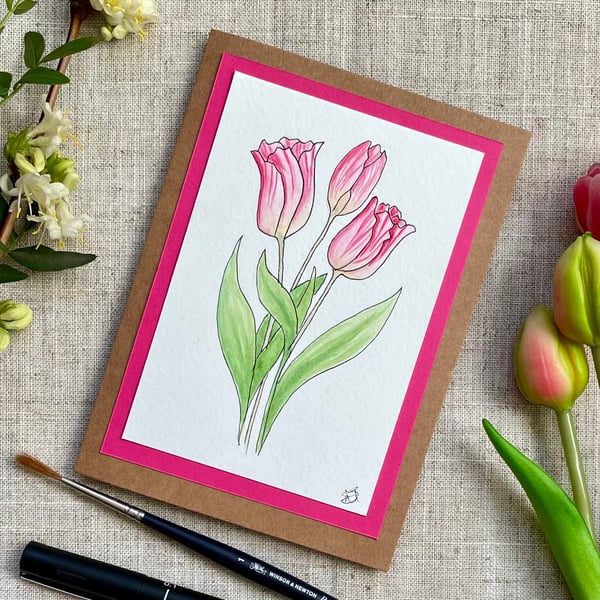 Floral greetings card, Tulips, hand painted, original artwork. 