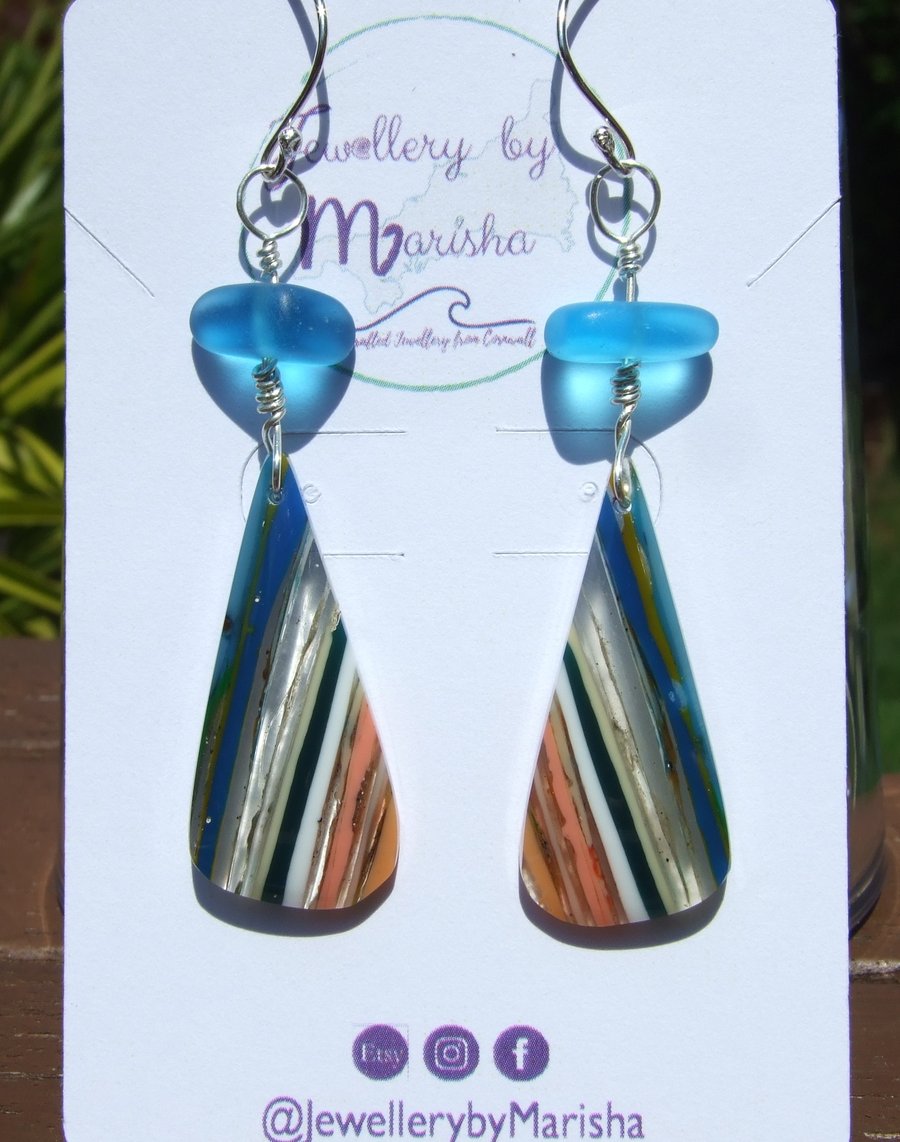 Surfite Surfboard Resin & Blue Seaglass Sterling Silver Wire-Wrapped Earrings 