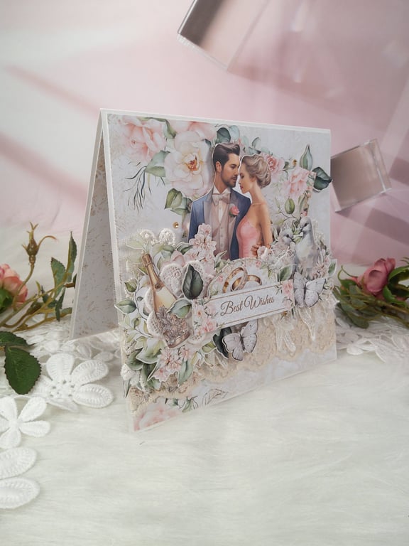 Romantic Handmade Wedding Card with Doves Luxury Floral Card for Newlyweds (211)