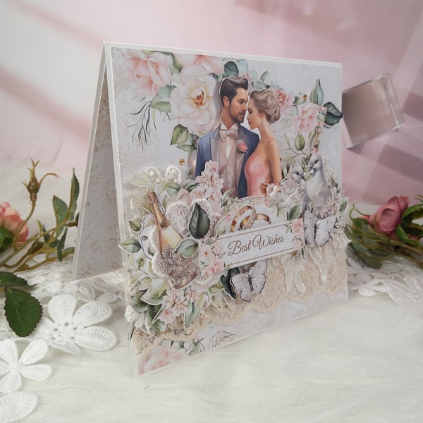 Romantic Handmade Wedding Card with Doves Luxury Floral Card for Newlyweds (211)