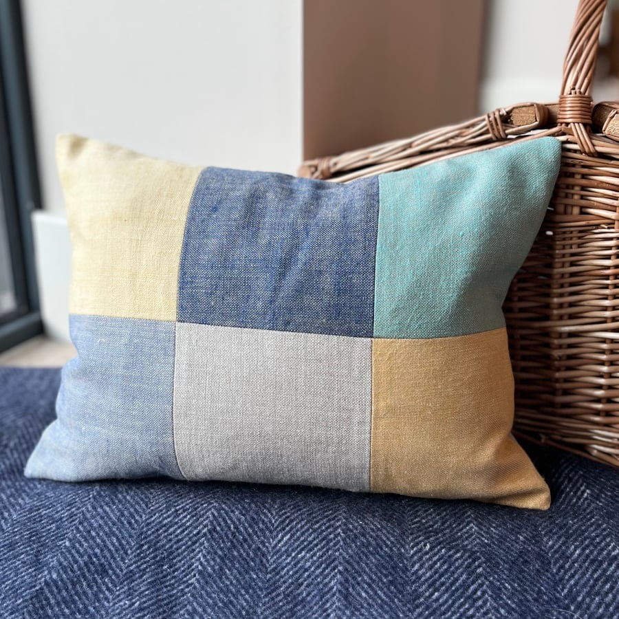 Linen colour block  patchwork cushion cover